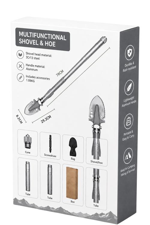 Multifunction Survival Shovel and Hoe, Portable Camping Tool with Aluminum Handle and Steel Blade